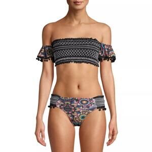 XOXO Two Piece Swimsuit Womens M Black Bandeau Top & Bottom Off Shoulder Smocked